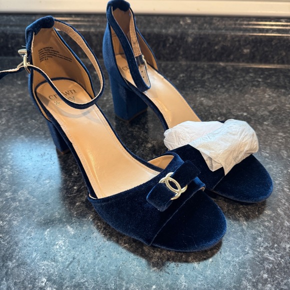 crown & ivy Shoes - Crown & Ivy Ivy Navy Blue Velvet Block Heel Sandals Ankle Strap Gold Buckle 8.5